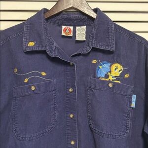 Navy Blue Corduroy Button Up Shirt with Tweety Bird Embroidery
